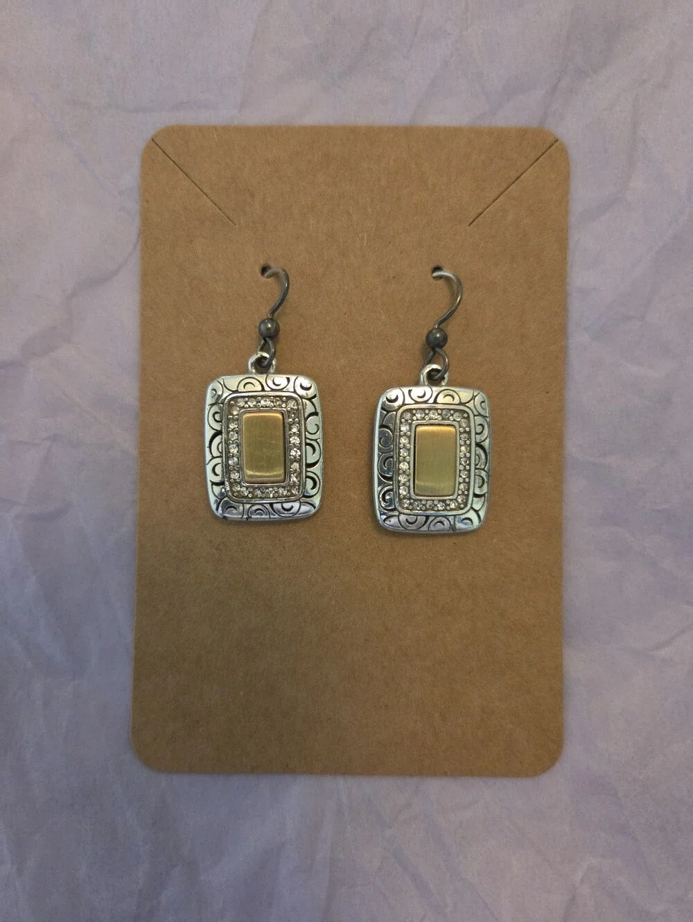 Brighton Two Tone Mixed Metal Filigree Rectangle Crystal Drop Earrings - Picture 1 of 3